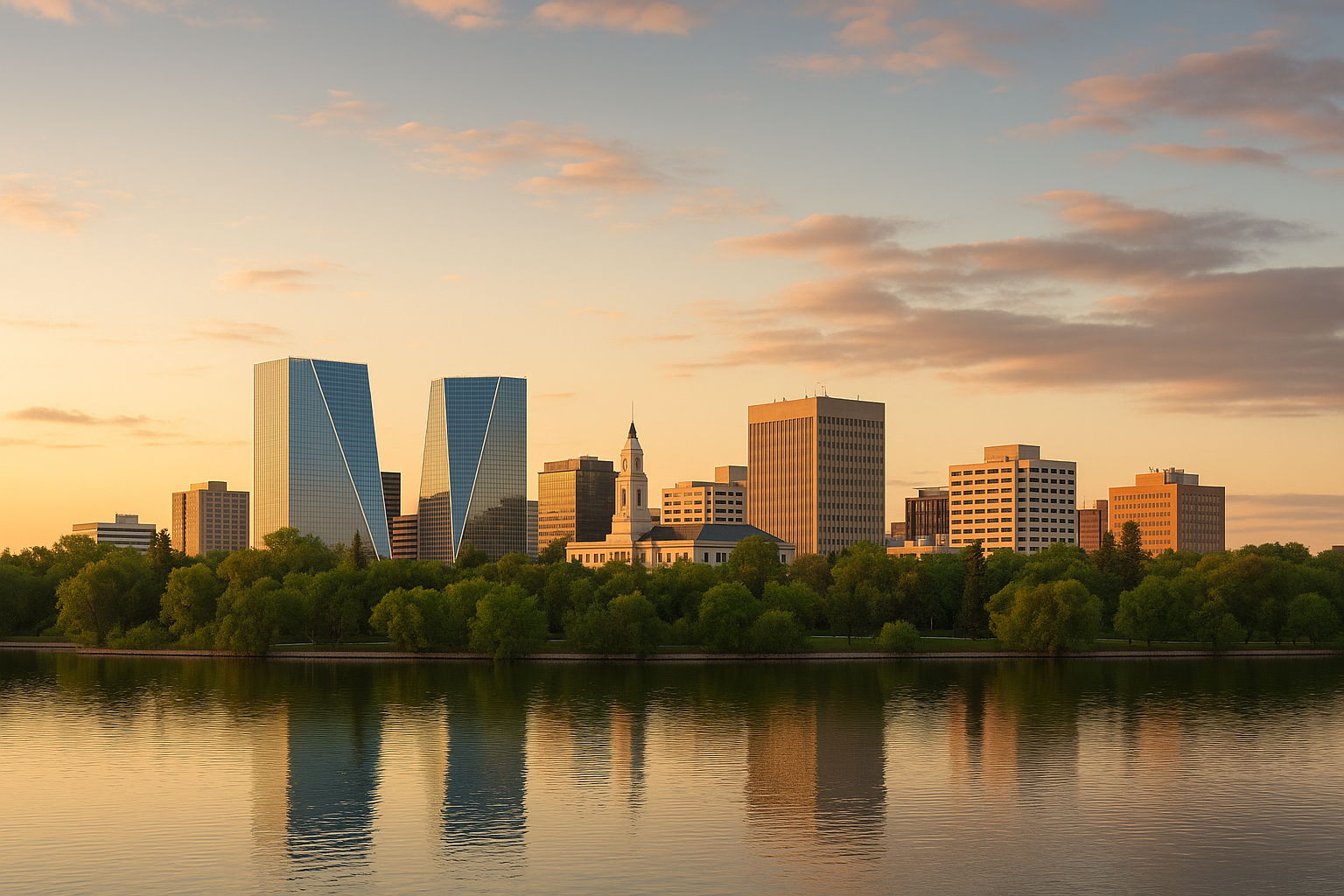 Panoramic view of Regina, Saskatchewan skyline at sunset with Wascana Lake in the foreground reflecting the city.